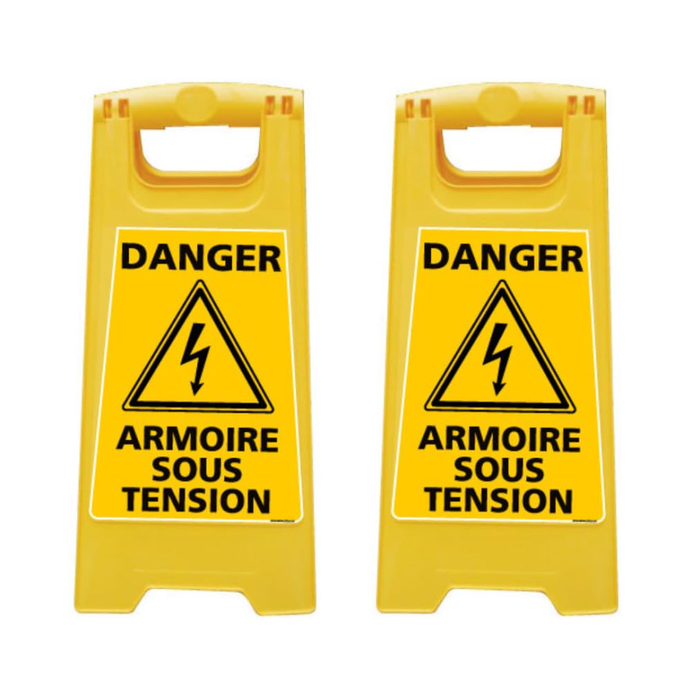 Signalétique.biz France - CHEVALET DANGER ARMOIRE SOUS TENSION. CHEVALET JAUNE PLIABLE. CHEVALET SIGNALISATION PLIABLE. PANNEAU SIGNALISATION SUR PIEDS. À L’UNITÉ OU LOT 2-60 CM X 30 CM.