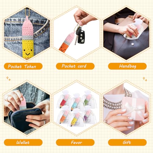Image of Poen 12 Sets Employee Appreciation Gifts Crochet Knitted Pencils Thank You Greeting Card Set 6 Colors Pencil Sign with Drawstring Organza Bags for Coworker Office End of Year Teacher Gifts Option