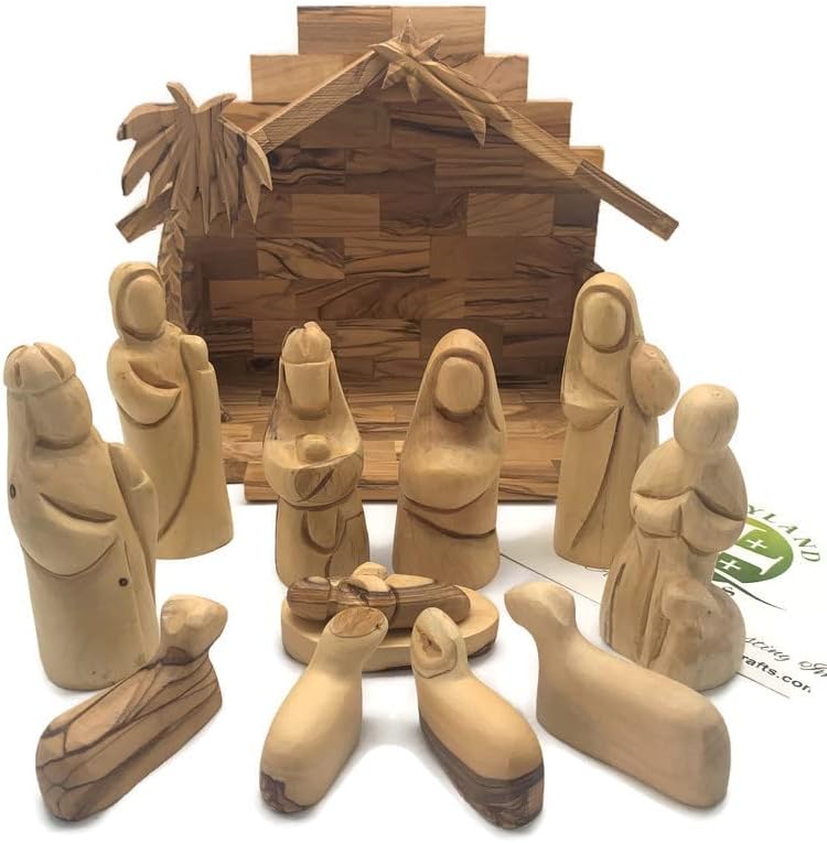 Nativity Sets for Christmas Indoor, Olive Wood Nativity Set, Holy Land Handmade Nativity Scene, Rustic Nativity Scene Set with 12 piece Holy Family Figurines, Christmas Nativity Gift Home Décor