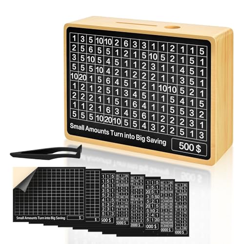 Flexzion Wooden Cash Saving Money Box - 10k Money Save Challenge Piggy Bank with 8 Saver Targets - Cash Vault Wooden Savings Box 10000 5000 3000 2000 1000 500