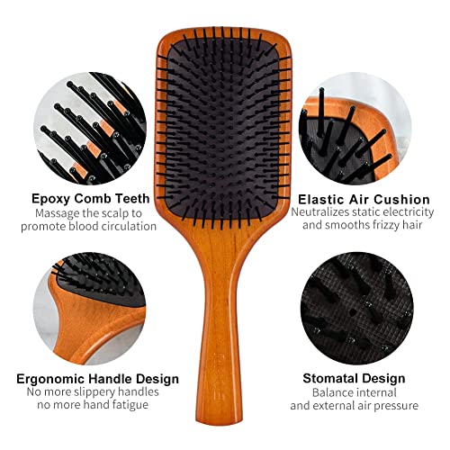Rhos Wooden Paddle Hair Brush With Nylon Bristles For Men&Women-Large Wood Paddle Hair Brush For Detangling,Massage And Smoothing-Cushion Square Hair Brush For Thick/Curly/Thin/Long/Short Hair #TOP2