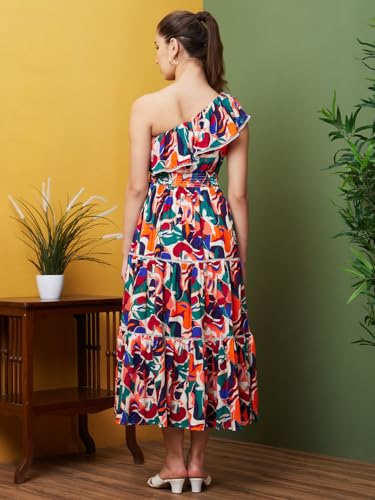 Image of Globus Women Multi Printed Party One Shoulder Fit and Flare Dress-3640256001