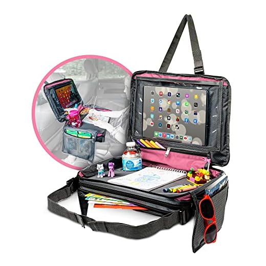 Kids Car Seat Travel Tray Toddler Snack and Play Lap Tray Featuring Unique Fold-in “No Need to Unload Again” Side Pockets with Zipper by BE Family Travel (Pink)