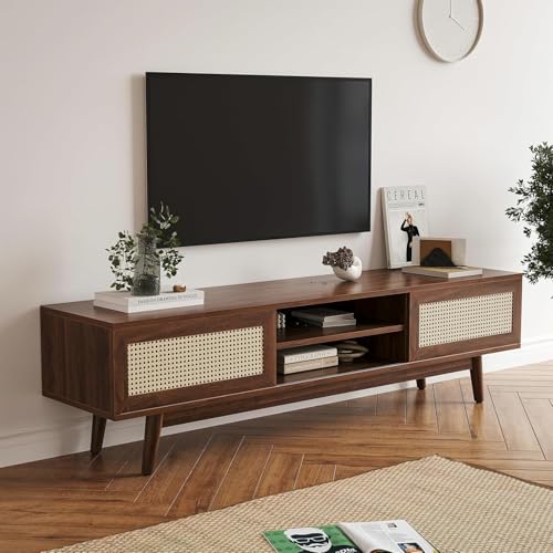 Image of Space Galaxy Sheesham Wood TV Unit Stand for Living Room | Wooden Entertainment Console Cabinet with 2 Rattan Cane Doors & Shelf Storage | Free Standing TV Table for Home, Walnut (63x15.6x18 Inch)