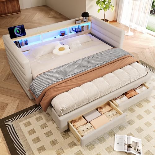 Cama de día, sofá cama, 90 × 190 cm, diseño de cama nido multifuncional, USB + conectores tipo C, con dos cajones, múltiples compartimentos de almacenamiento, tira de luz LED, sin colchón, terciopelo