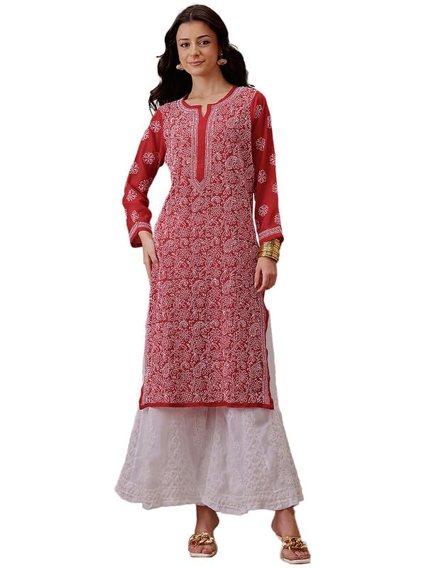 Ada Hand Embroidered Lucknowi Chikankari Georgette Kurta with Palazzo Kurta Set for Women A811305 Ada Hand Embroidered Lucknowi Chikankari Georgette Kurta with Palazzo Kurta Set for Women A811305