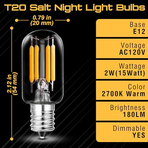Image of E12 Himalayan Salt Lamp 2W Equivalent 15Watt Warm White 2700k, T20 Night Light Bulbs 180lm, E12 LED Bulb Candelabra Base for Himalayan Salt Rock Lamps & Baskets, Candle Lamp, 2 Pack