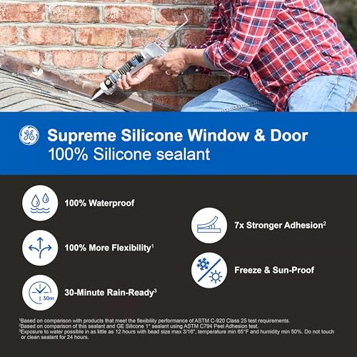 Image of GE Supreme Silicone Caulk for Window & Door, Clear, 10 fl oz Cartridge, 1 Pack - 100% Waterproof Silicone Sealant, 7X Stronger Adhesion, Shrink & Crack Proof