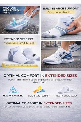 Image of PUMA Men's No show Sport Socks, Moisture Control, Arch Support (8 Pair) (Extended Size - Shoe Size (12-16), White)