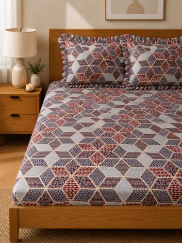 Image of King Size Fitted Bedsheet for Double Bed | 300 TC Cotton Feel Microfiber | All Around Elastic with 2 Frill Pillow Covers | Soft & Durable | (Design8, Fitted - Double72x72)