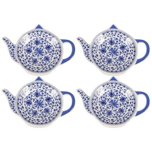 Garneck 4Pcs Teapot Shaped Tea Bag Coasters & Holders - Porcelain Tea Bag Rests and Dishes for Used Tea Bags - Snack Plates and Seasoning Dishes in Elegant Blue for Kitchen Counter and