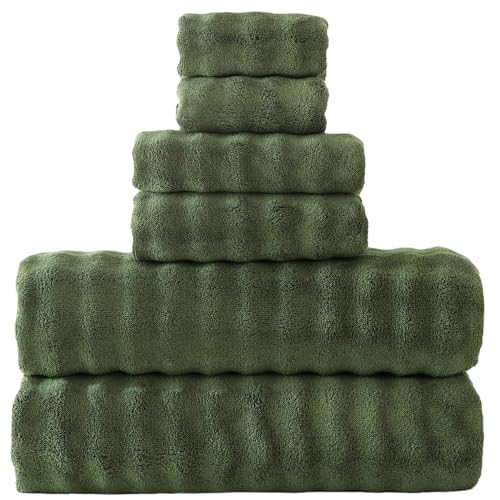 FITFINE Large Bath Towels Set 30x60 Inches Super Soft Absorbent Microfiber Shower Towels for Bathroom Quickly Drying (Olive Green PK 6)