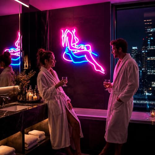 Image of Lady Neon Sign, JGHTURIE Neon Signs for Wall Decor, Pink & Blue Light Up Signs for Room Decor Bar Led Sign for Man Cave, Party, Office, Art Decoration, USB Powered