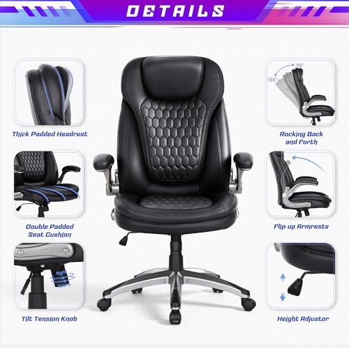 Image of COLAMY High Back Executive Office Chair - Ergonomic PU Leather Desk Chair with Flip-Up Armrests,Height, Lumbar Support, Comfortable Computer Chair for Home Office - Black