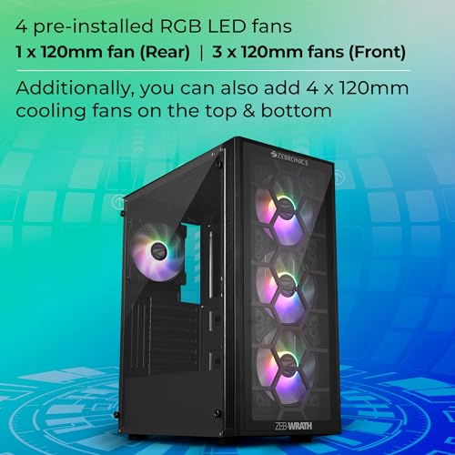 Image of ZEBRONICS Wrath Mid-Tower Premium Gaming Cabinet ATX /MicroATX /MINI ITX, 3X 120mm Front + 1x 120mm Rear Fan, Centre Glow ARGB Fans, RGB LED Modes, Tempered Glass Side Panel, USB 3.0