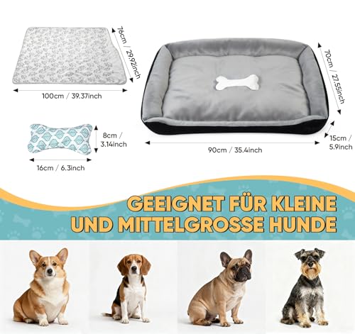 Truevaste Hundebett 90x70cm mit Kleine Hundekissen in Knochenform & Leichte Decke,Weiches Hundesofa aus Kurzhaar-Flausch für Mittelgroße Hunde,Waschbar Hundekorb,Hundekörbchen mit Rutschfester Boden