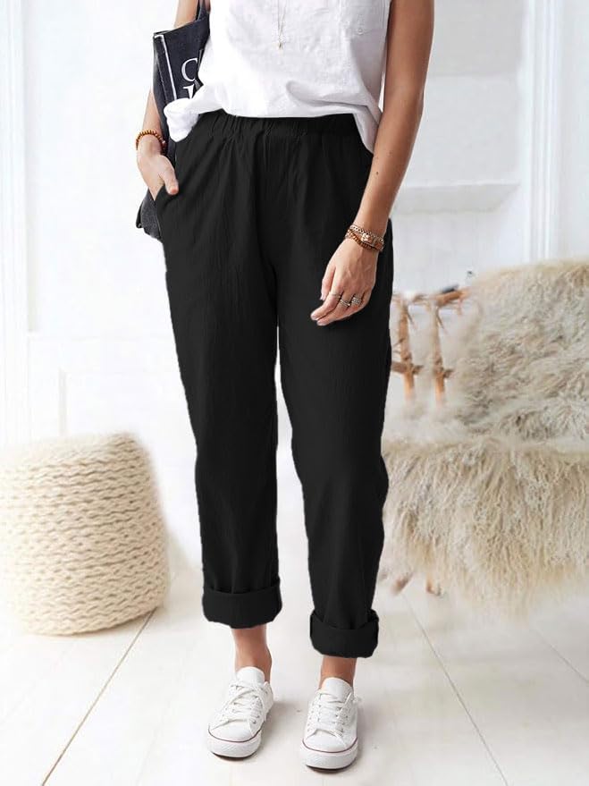 Women's Straight Pants Elastic Waist Casual Trousers Pants with Pockets Black3