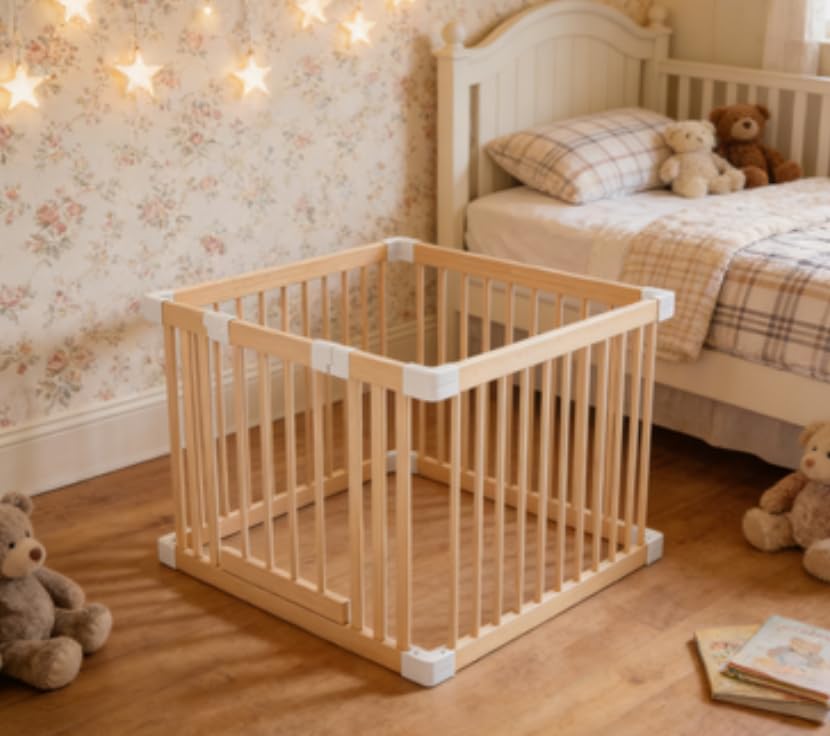 Baby Playpen, Wooden Playpen for Babies and Toddlers,Large Adjustable Wooden Baby Playard with Locking Gate, Easy to Assemble, Portable Play Pen (30.38x24.32Inch)