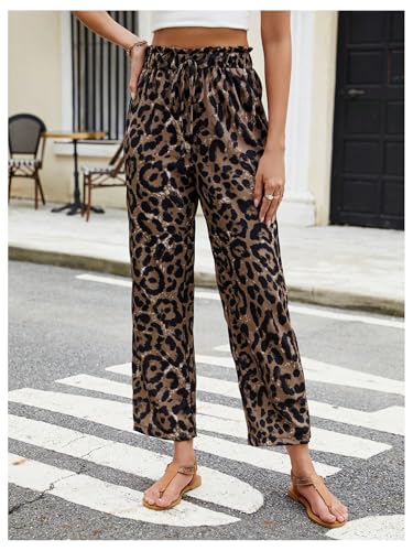 MakeMeChic Women's Leopard Print Pants Straight Leg Pants Elastic Waist Tie Front Trousers4