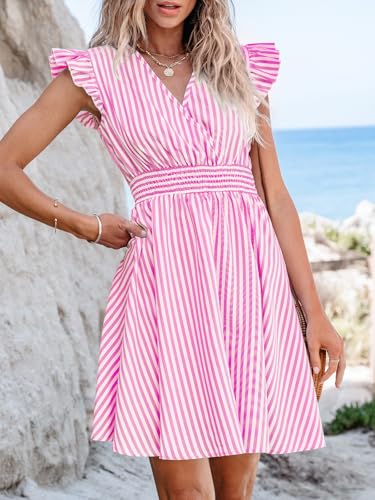 Image of CUPSHE Women's Mini Dress V Neck Flutter Sleeve Striped Smocked Waist A Line Short Summer Cocktail Dress