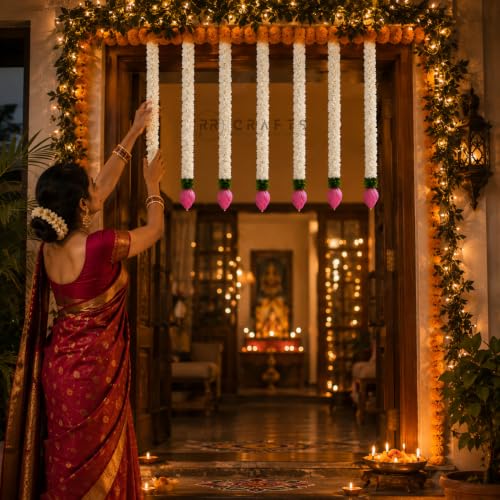 Image of Artificial Flower Hanging Garland | Lotus Gajra for Mandir Decoration & Pooja Decor | Wall /Door Hanging Flowers for Home, Diwali, Ganpati & Festival Decoration (White & Pink) 7 pcs