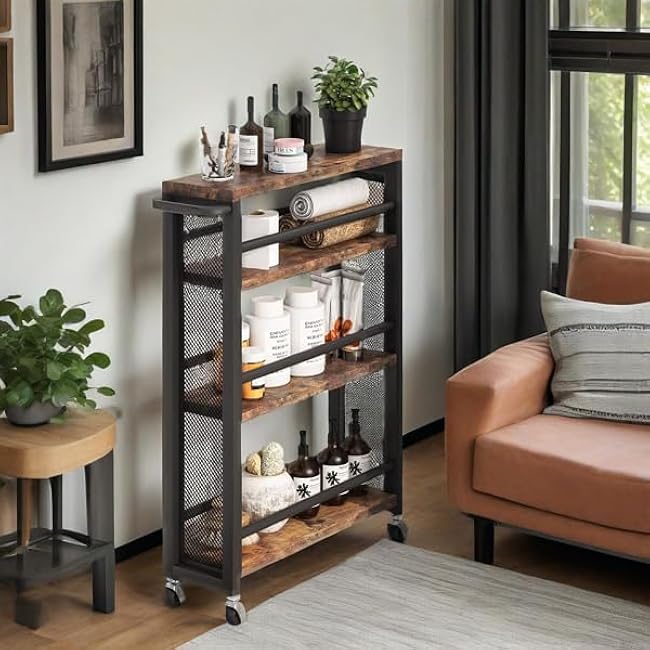 4-Tier Narrow Tall Rolling Storage Cart, Space-Saving Design, 110lbs Capacity, 4 Swivel Wheels,Modern Industrial Style for Home Office-YsbTC8TE
