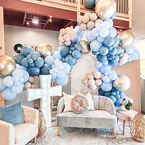 Image of 60 Pack Dusty Blue Gold Balloons, Slate Blue White Sand Teal Turquoise Crem Beige Latex Balloon Set Confetti Helium Balloon for Birthday Boho Baby Boy Shower Wedding Party Decorations