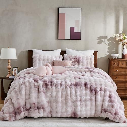 Image of Wonderful - 3 Pieces Faux Rabbit Fur Comforter Set King Size, Purple Pink Tie Dye Plush Bedding Set, 3D Sculpted Bubble Warm Fluffy Comforter for Winter