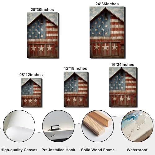 Image of RIBNTAK Rustic American Flag Barn Canvas Wall Art, Vintage Patriotic Farmhouse Artwork Pictures, Americana Country Wall Decor for Living Room Bedroom Entryway Office