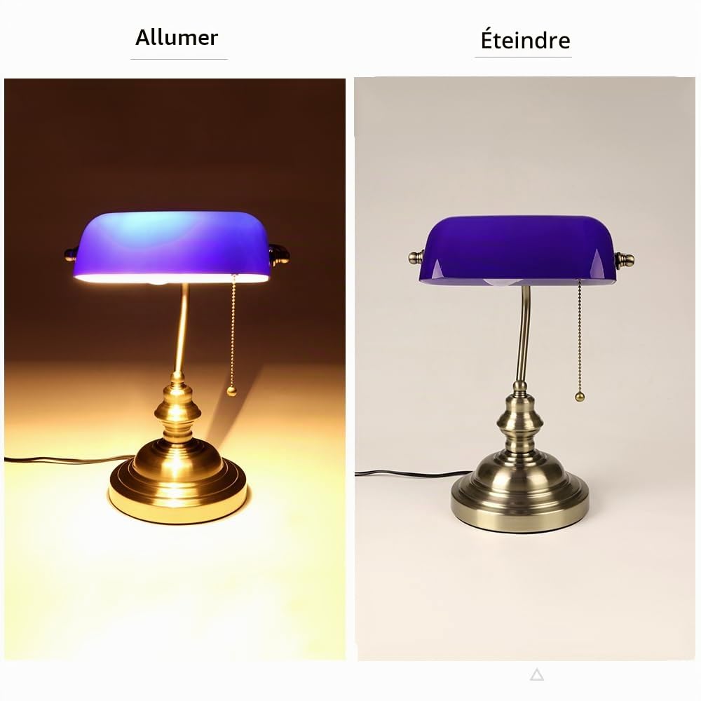 FIRVRE Bleu Lampe de Bureau en Verre pour Banquier avec Pied Bronze Lampe de Table avec Interrupteur à Chaîne à Tirer pour Bureaux Salles D'études et Chambres à Coucher Bibliothèques