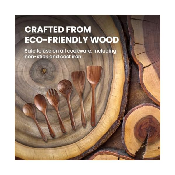 8 Piece Wooden Spoons for Cooking, Kitchen Cooking Utensil Set with Spoon Rest & Holder for Nonstick Pans and Cookware | Comfort Grip, Lightweight, Durable, Non Toxic