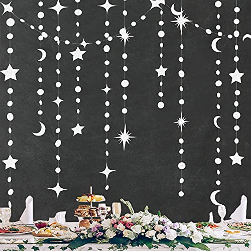 Image of White Star Moon Party Decorations Hanging Circle Dot Garland Crescent Twinkle Little Star Streamer Bunting Banner for Wedding Engagement Anniversary Bridal Shower Celestrial Birthday Decor Supplies