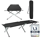 Kirkjubøur® 'Heimdall faltbares Campingbett mit pflegeleichter, abwischbarer Liegefläche und rutschsicheren Füßen. Inklusive Tragetasche. Maße: 190 cm x 72 cm, In Vier (schwarz)