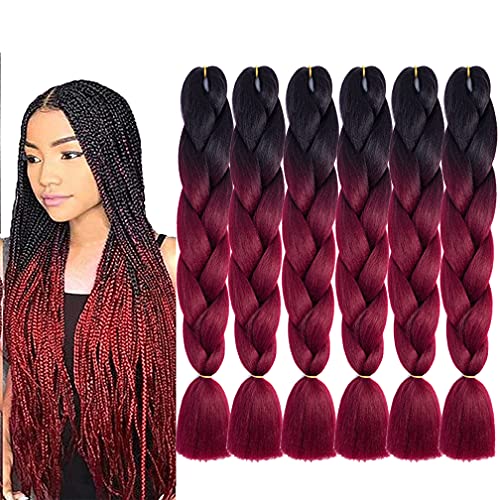 Xiaofeng 6 Packs 24 Inch Braiding Hair Extensions for Girls Ombre Jumbo Synthetic Braids Hair Extensions (black to wine red)