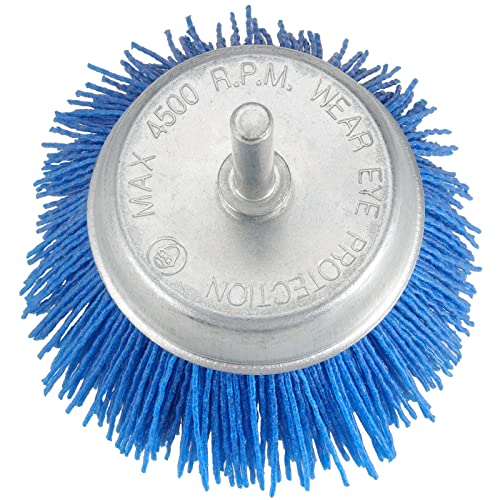 Image of MOUYAT 4 Pack 3 Inch Nylon Abrasive Cup Brushes, 240 Grit Assorted Nylon Cup Drill Brushes with 1 /4 Inch Shank for Removal Grout, Cleaning Furniture Paint, Stripping Residue, Blue