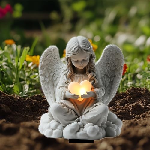 Eternal Light Angel and Heart-Shaped Acrylic Garden Stake Bohemian Quirky Decoration for Yards and Potted Plants for Cemetery Decor Memorial Gifts Easter Yard Art Garden Decoration