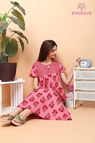Image of Evolove Women's Cotton Long Maxi Night Gown Nighty Dress with Pocket & Stylish Button, Super Soft Comfortable (LNG-Button)