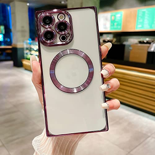Image of aowner Magnetic Case for iPhone 14 Pro Max Square Case [Compatible with MagSafe] Crystal Clear,Fullbody Protection Non-Yellowing Slim Fit Shockproof for Women Girls Protective Phone Cover, Deep Purple