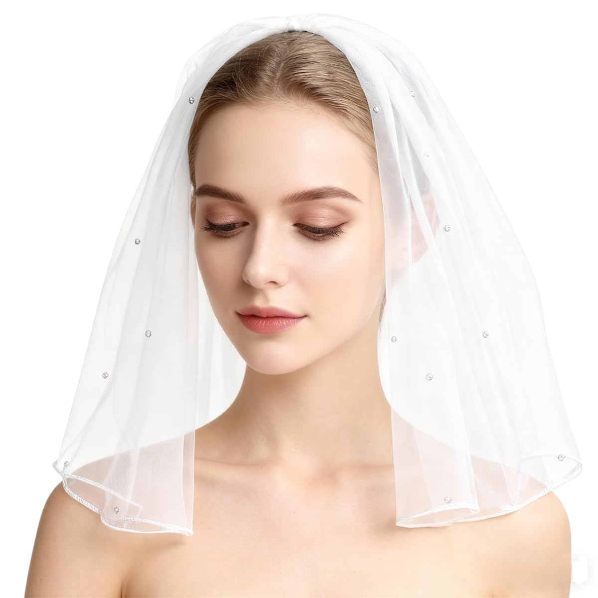 Bridal Wedding Veil Women's Short Vails with Rhinestone Tulle for Bachelorette Party 38cm/15”