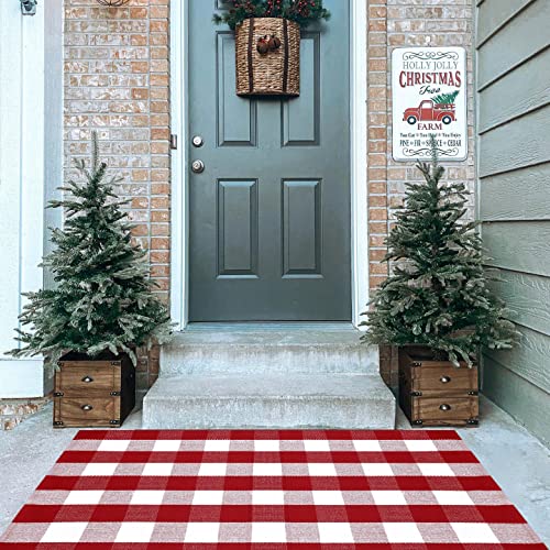 Red And White Plaid Rug, Christmas Outdoor Front Door Decor Mat, Cotton Washable Hand-Woven Rug For Layered Doormat, New Year Christmas Carpet For Porch, Entryway (Red & White Plaid, 60" L X 36" W) #TOP5