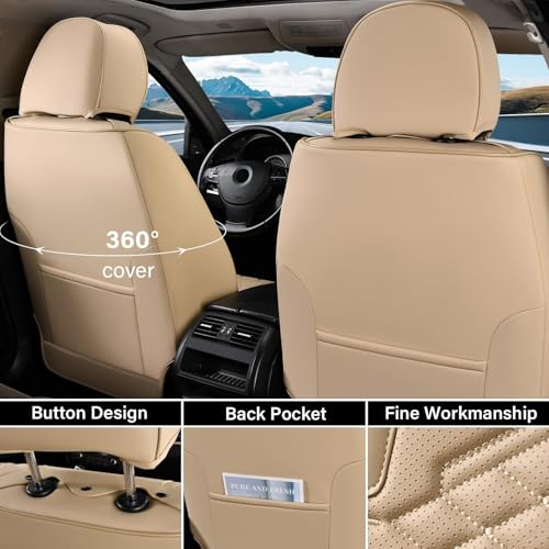 Image of Coverado Car Seat Covers Full Set, Waterproof Nappa Leather Seat Covers for Cars, Universal 5 Seats Car Seat Covers, Front and Back Car Seat Protector, Auto Seat Covers Fit for Most Cars, Beige