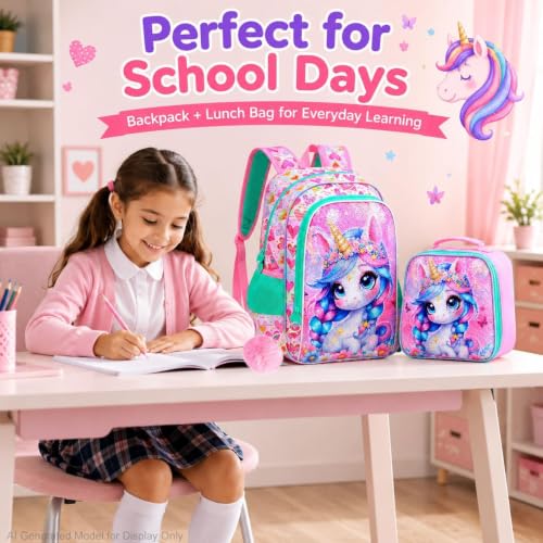 Image of CCJPX 16 inch Unicorn Backpack for Girls, 3Pcs Sequin Bookbag with Lunch Box, Lightweight Toddler School Bag for Elementary Kindergarten Preschool (Pink)