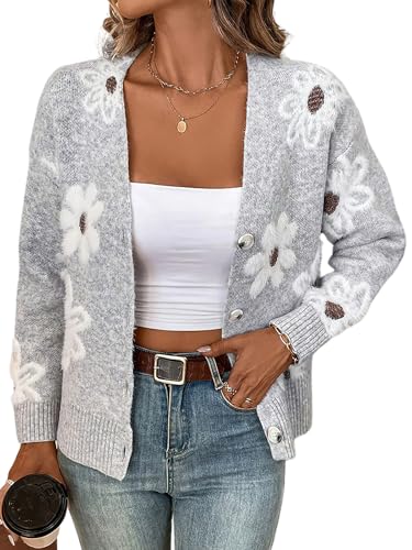 ebossy Women's Cute Daisy Floral Print Knit Cardigan Button Down Artistic Aesthetic Fuzzy Slouchy Crop Sweater Outerwear