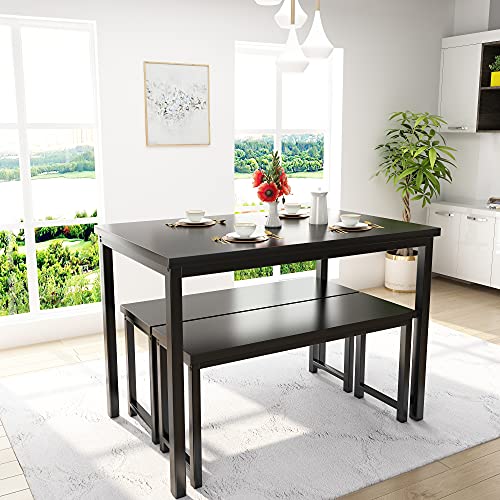 Image of AWQM Dining Room Table Set, Kitchen Table Set with 2 Benches, Ideal for Home, Kitchen and Dining Room, Breakfast Table of 47.2x28.7x29.5 inches, Benches of 41.3x11.8x17.7 inches, Black