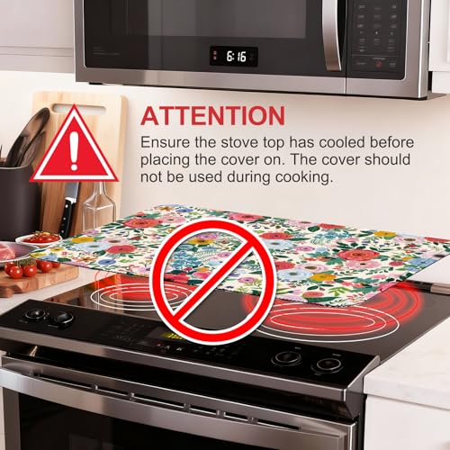 Image of Watercolor Flowers Stove Top Cover for Electric Stove, Flowers Rubber Stove top Cover, Heat Resistant Glass Cooktop Cover, Flat RV Range Protector Dish Drying Mat, Kitchen Farmhouse Decor, 28 inchx20 inch