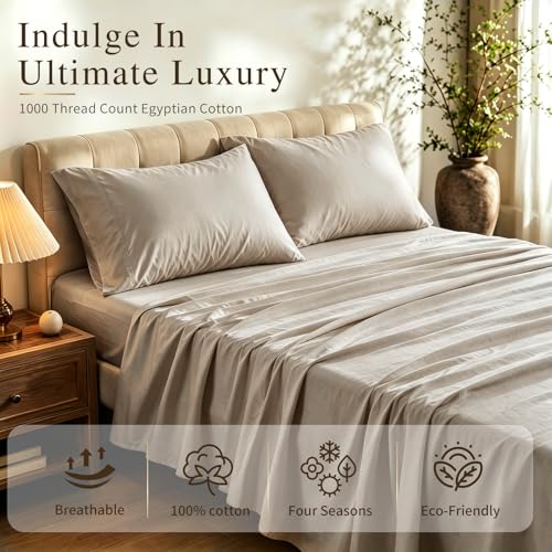 Image of MEISHANG 1000TC Egyptian Cotton Sheets King, 18-24 inch Extra Deep Pocket | 1000TC Egyptian Cotton Sheets, Sateen Weave, Ultra Soft & Breathable, OEKO-TEX Certified