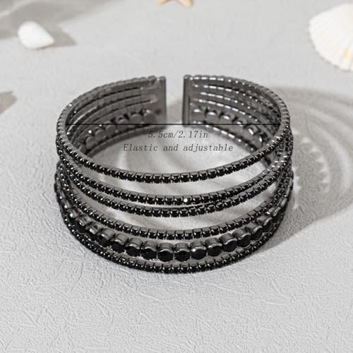 Black Rhinestone Cuff Bracelets for Women Halloween Decor Dainty MultiLayer Stackable Bracelets 1920s Vintage Crystal Stretch Bracelet4