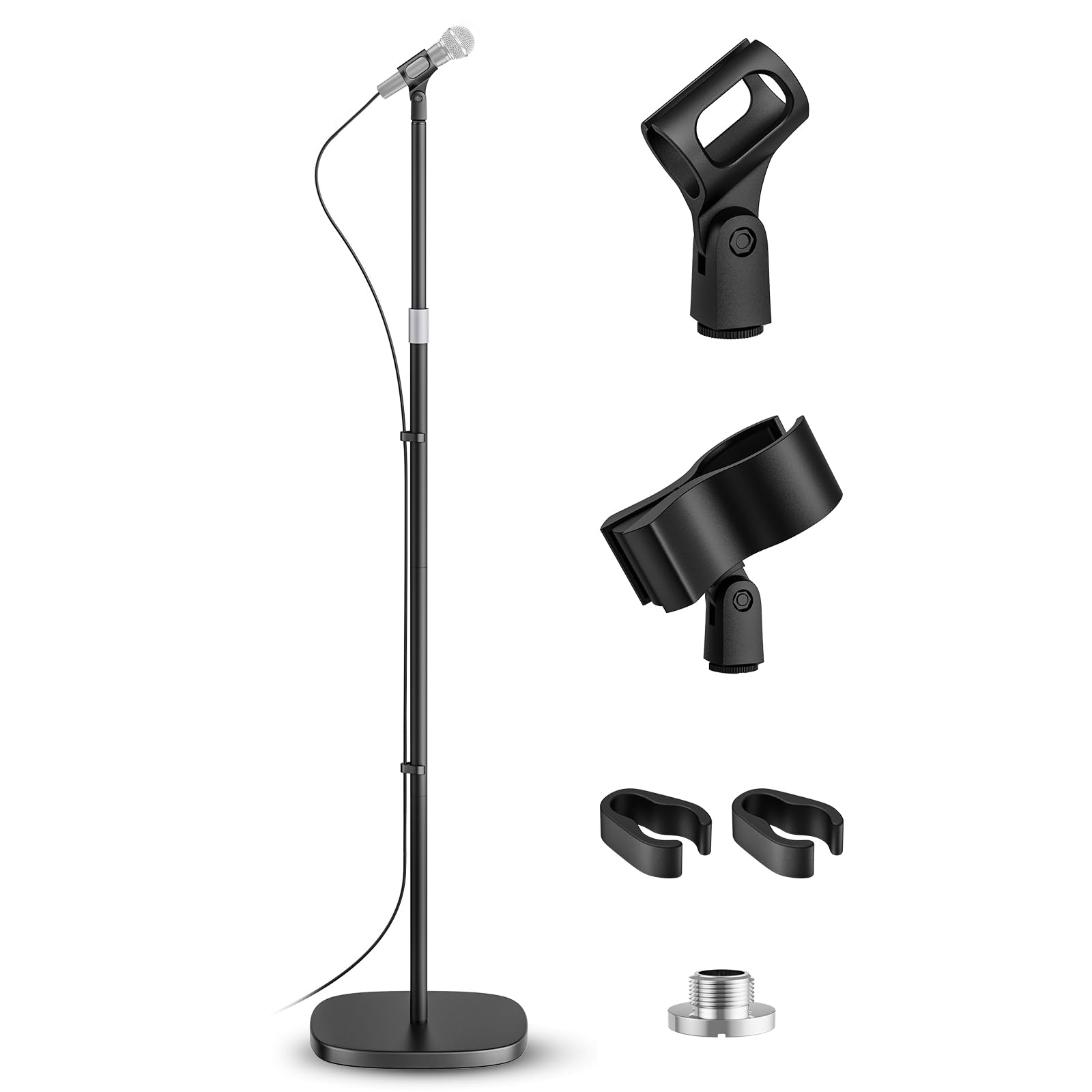POLESTO Microphone Stand, Universal Detachable Mic Floor Stand with Compact Weighted Base, Height Adjustable From 22’’ to 67’’, 2 Universal Mic Clips for Blue Yeti/Shure SM7B/Samson Q2U and More
