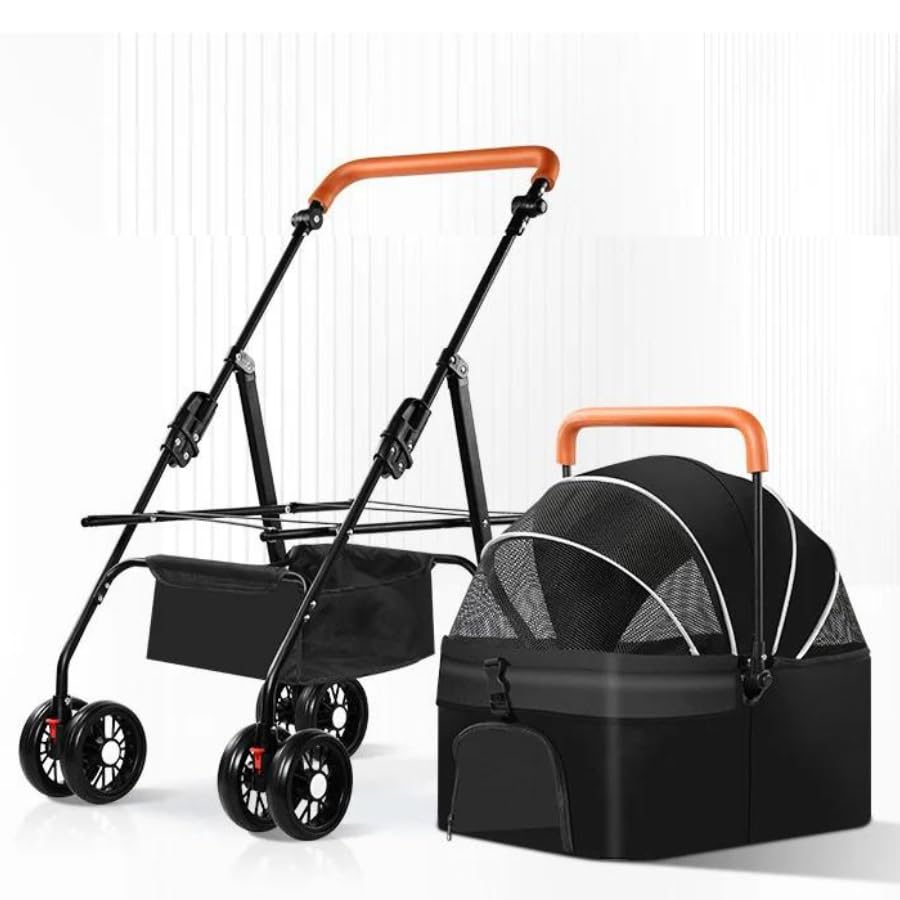 PSK PET MART Foldable Dog Detachable Pet Stroller Storage Basket Portable Lightweight Cat Puppy Jogging 4 Wheels and Storage Basket Pet Traveling Strolling Cart 360 Degree Front