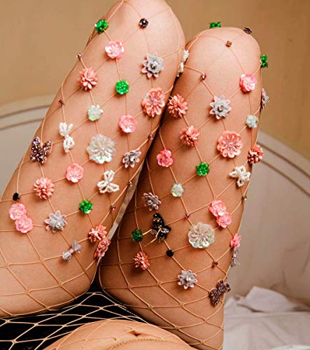 Image of Ulalaza Sparkle Hollow Out Letter Nude Colorful Rhinestone Hot Drilling Fishnet Pantyhose Tights for women Luminous